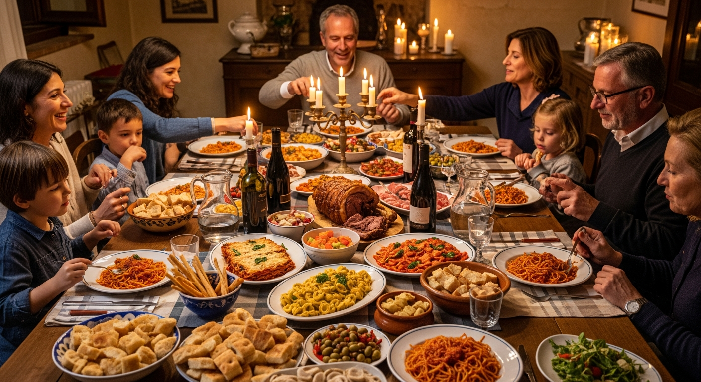 Tavola italiana con famiglia